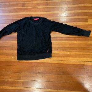 N: philanthropy size small distressed black crew neck sweatshirt.